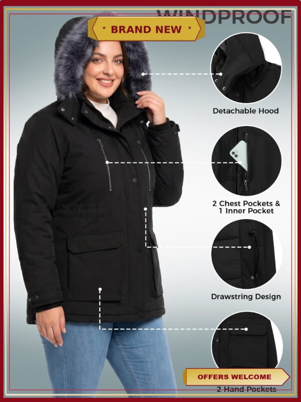 Plus Size Waterproof Quilted Hooded Puffer Parka Winter Coat - Picture 4 of 7